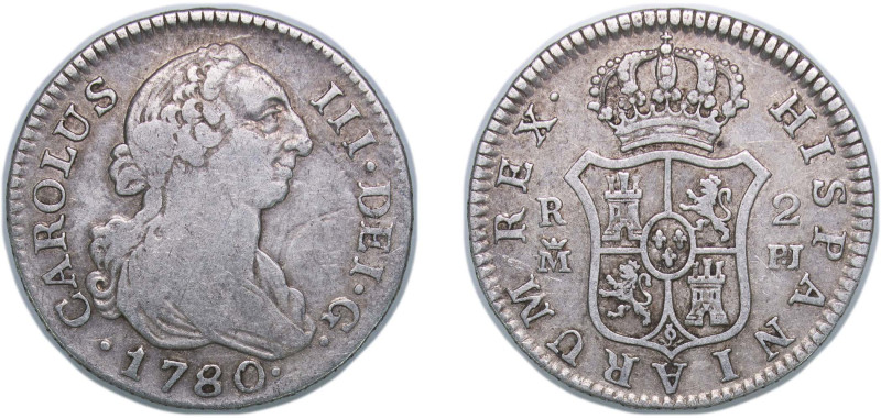 Spain Kingdom 1780 M PJ 2 Reales - Carlos III Silver (.813) Madrid Mint 5.85g VF...