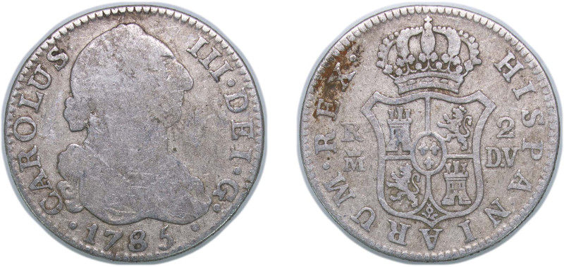 Spain Kingdom 1785 M DV 2 Reales - Carlos III Silver (.813) Madrid Mint 5.45g VF...