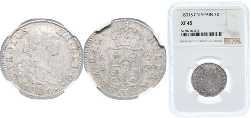 Spain Kingdom 1801 S CN 2 Reales - Carlos IV Silver (.806) Seville Mint 6g NGC X...