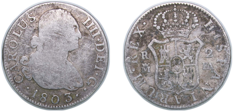 Spain Kingdom 1803 M FA 2 Reales - Carlos IV Silver (.806) Madrid Mint 5.66g VF ...