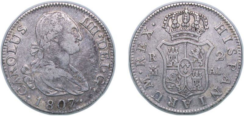 Spain Kingdom 1807 M AI 2 Reales - Carlos IV Silver (.806) Madrid Mint 5.8g XF K...