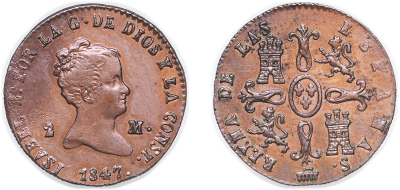 Spain Kingdom 1847 2 Maravedis - Isabel II Copper Segovia Mint 2.5g AU KM 532.4