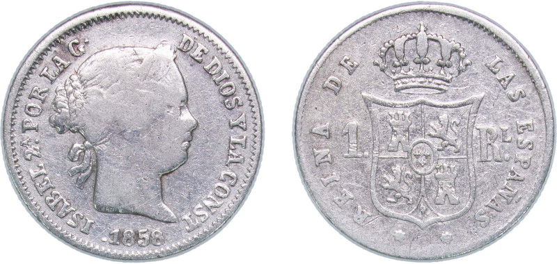 Spain Kingdom 1858 1 Real - Isabel II Silver (.900) Seville Mint 1.25g VF KM 606...