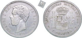 Spain Kingdom 1871 SDM 5 Pesetas - Amadeo I (See number 3, doubtful) Silver (.900) Madrid Mint 24.58g VF KM 666