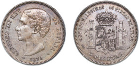 Spain Kingdom 1875 *18-75 DEM 5 Pesetas - Alfonso XII (1st portrait; legend in edge) Silver (.900) Madrid Mint (8641000) 24.71g XF KM 671