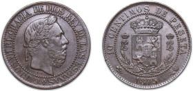 Spain Kingdom 1875 OT 10 Centimos - Carlos VII (pretender) Bronze Oñate Mint (100000) 9.91g AU KM 670 Cal 8
