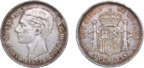 Spain Kingdom 1877 *18-77 DEM 5 Pesetas - Alfonso XII (2nd portrait) Silver (.900) Madrid Mint (6987000) 25.1g XF KM 676