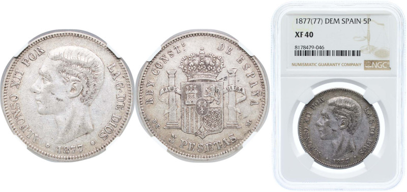 Spain Kingdom 1877 *18-77 DEM 5 Pesetas - Alfonso XII (2nd portrait) Silver (.90...