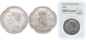 Spain Kingdom 1877 *18-77 DEM 5 Pesetas - Alfonso XII (2nd portrait) Silver (.900) Madrid Mint (6987000) 25g NGC XF 40 KM 676