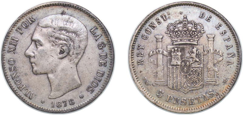 Spain Kingdom 1878 EMM 5 Pesetas - Alfonso XII (2nd portrait) Silver (.900) Madr...