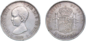 Spain Kingdom 1888 *18-88 MPM 5 Pesetas - Alfonso XIII (1st portrait) Silver (.900) Madrid Mint (10643900) 24.96g AU KM 689