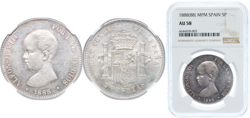 Spain Kingdom 1888 *18-88 MPM 5 Pesetas - Alfonso XIII (1st portrait) Silver (.9...