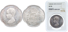 Spain Kingdom 1888 *18-88 MPM 5 Pesetas - Alfonso XIII (1st portrait) Silver (.900) Madrid Mint (10643900) 25g NGC AU 58 KM 689