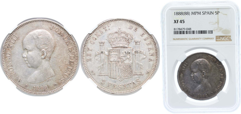 Spain Kingdom 1888 *18-88 MPM 5 Pesetas - Alfonso XIII (1st portrait) Silver (.9...