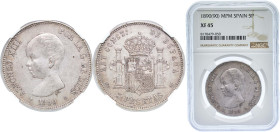 Spain Kingdom 1890 *18-90 MPM 5 Pesetas - Alfonso XIII (1st portrait) Silver (.900) Madrid Mint (4275258) 25g NGC XF 45 KM 689