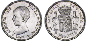 Spain Kingdom 1891 *18-91 PGM 2 Pesetas - Alfonso XIII (1st portrait) Star Perfect Silver (.835) Madrid Mint (93000) 10g AU KM 692