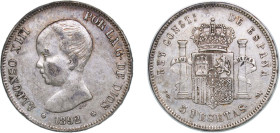 Spain Kingdom 1892 *18-92 PGM 5 Pesetas - Alfonso XIII (1st portrait) Silver (.900) Madrid Mint (7000000) 25.1g XF KM 689