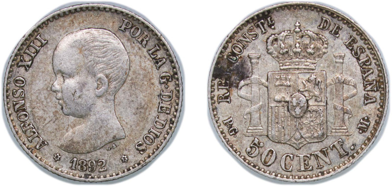 Spain Kingdom 1892 *9-2 PGM 50 Centimos - Alfonso XIII (1st portrait) Silver (.8...