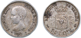 Spain Kingdom 1892 *9-2 PGM 50 Centimos - Alfonso XIII (1st portrait) Silver (.835) Madrid Mint (3953540) 2.52g XF KM 690