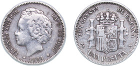 Spain Kingdom 1894 *18-94 PGV 1 Peseta - Alfonso XIII (2nd portrait) Silver (.835) Madrid Mint (1044000) 4.92g VF KM 702