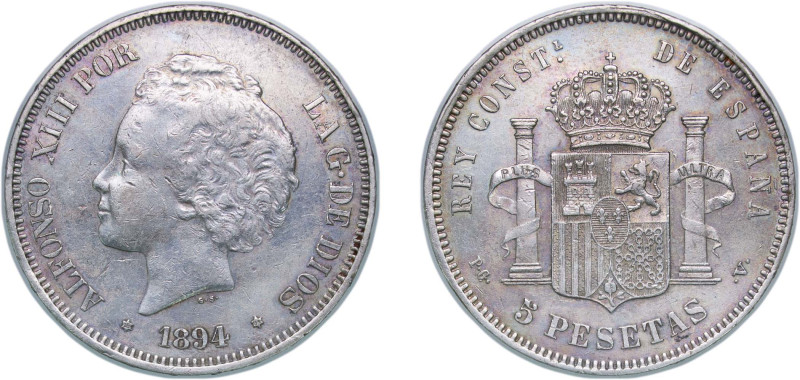 Spain Kingdom 1894 *18-94 PGV 5 Pesetas - Alfonso XIII (2nd portrait) Silver (.9...