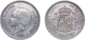 Spain Kingdom 1894 *18-94 PGV 5 Pesetas - Alfonso XIII (2nd portrait) Silver (.900) Madrid Mint (3871000) 24.91g XF KM 700