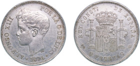 Spain Kingdom 1896 *18-96 PGV 5 Pesetas - Alfonso XIII (3rd portrait) Silver (.900) Madrid Mint (4272000) 25g AU Cleaned KM 707