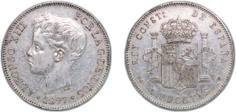 Spain Kingdom 1897 *18-97 SGV 5 Pesetas - Alfonso XIII (3rd portrait) Silver (.9...