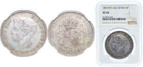 Spain Kingdom 1897 *18-97 SGV 5 Pesetas - Alfonso XIII (3rd portrait) Silver (.900) Madrid Mint (6733000) 25g NGC XF 45 KM 707