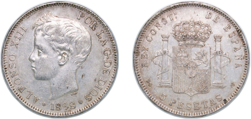 Spain Kingdom 1898 *18-98 SGV 5 Pesetas - Alfonso XIII (3rd portrait) Silver (.9...