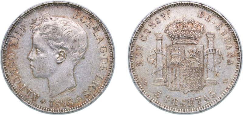 Spain Kingdom 1898 *18-98 SGV 5 Pesetas - Alfonso XIII (3rd portrait) Silver (.9...