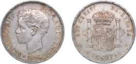 Spain Kingdom 1898 *18-98 SGV 5 Pesetas - Alfonso XIII (3rd portrait) Silver (.900) Madrid Mint (39977000) 25g AU KM 707