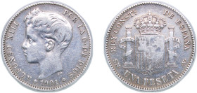 Spain Kingdom 1901 *19-01 SMV 1 Peseta - Alfonso XIII (3rd portrait) Silver (.835) Madrid Mint (8449000) 4.93g VF KM 706