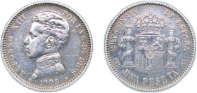 Spain Kingdom 1903 *19-03 SMV 1 Peseta - Alfonso XIII (4th portrait) Silver (.835) Madrid Mint (10602000) 4.97g XF KM 721
