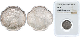 Spain Kingdom 1904 *19-04 SMV 1 Peseta - Alfonso XIII (4th portrait) Silver (.835) Madrid Mint (5294000) 5g NGC MS 63 KM 721