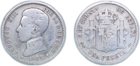 Spain Kingdom 1905 *19-05 SMV 1 Peseta - Alfonso XIII (4th portrait) Silver (.835) Madrid Mint (492000) 4.78g VF KM 721