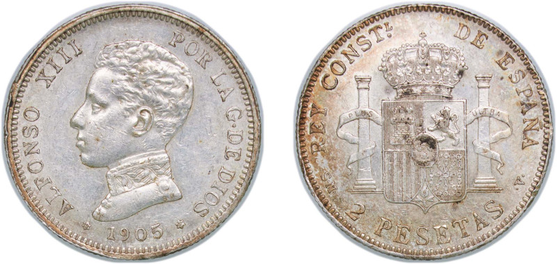 Spain Kingdom 1905 *19-05 SMV 2 Pesetas - Alfonso XIII (4th portrait) Silver (.8...