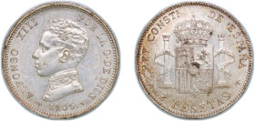 Spain Kingdom 1905 *19-05 SMV 2 Pesetas - Alfonso XIII (4th portrait) Silver (.835) Madrid Mint (3589000) 10.1g AU KM 725