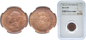 Spain Kingdom 1911 *19-11 PCV 2 Centimos - Alfonso XIII (5th portrait) Bronze Madrid Mint (2284000) 2g NGC MS 63 RB KM 732