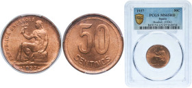 Spain Kingdom 1937 *3-6 50 Centimos - II Republic Brass Madrid Mint (1000000) 5.9g PCGS MS 65 RD KM 754 Cal 3 Schön 20