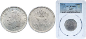 Spain Kingdom 1975 *80 25 Pesetas - Juan Carlos I Copper-nickel Madrid Mint (136000000) 8.5g PCGS MS 64 Mint Error Rotated Dies 180º KM 808 Schön 41