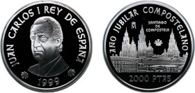 Spain Kingdom 1999 M 2000 Pesetas - Juan Carlos I (Santiago de Compostela Cathedral) Silver (.925) Madrid Mint 27g PF