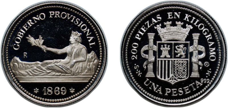 Spain Kingdom ND 1 Peseta - Provisional Government (replica; 1869) Silver (.999)...