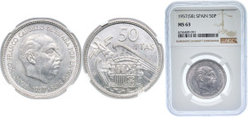 Spain Nationalist Government 1957 *58 50 Pesetas - Francisco Franco Copper-nickel Madrid Mint (21471000) 12.5g NGC MS 63 KM 788