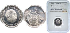 Spain Nationalist Government 1957 *73 5 Pesetas - Francisco Franco Copper-nickel Madrid Mint (78000000) 5.75g NGC MS 66 KM 786