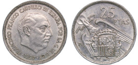 Spain Nationalist Government 1957 BA 25 Pesetas - Francisco Franco Copper-nickel Madrid Mint (43000) 8.5g AU KM 787 Cal 30 Schön 35