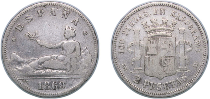 Spain Provisional Government 1869 *18-69 SNM 2 Pesetas Silver (.835) Madrid Mint...