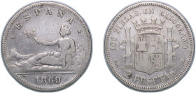 Spain Provisional Government 1869 *18-69 SNM 2 Pesetas Silver (.835) Madrid Mint (3269853) 9.77g VF KM 654