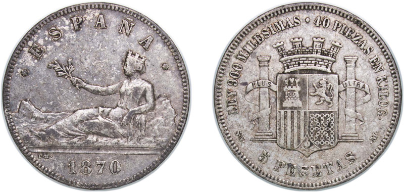 Spain Provisional Government 1870 SNM 5 Pesetas Silver (.900) (5923455) 24.8g VF...