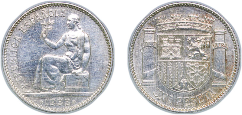 Spain Second Republic 1933 *3-4 1 Peseta - II Republic Silver (.835) Madrid Mint...